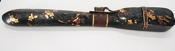 Samurai Yazutsu: Kyudo Yazutsu Quiver Holder, black lacquer with hiromaki-e floral design, leather straps, 41” long, some losses to finish, probably Edo period, otherwise in apparently generally good aged condition.