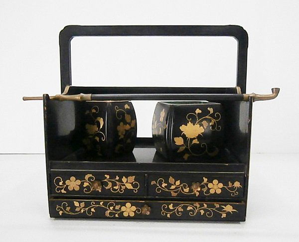 Antique Smoking Caddy: Three drawer black lacquer caddy with takamaki-e floral design and gold trim, with square containers with metal lining and unused pipe, 10 ½ x 11 ¾ x 7”, probably Meiji or Taisho, in apparently ge