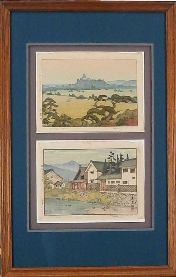 Toshi Yoshida (1911-1995) Japanese: SHIRASAGI CASTLE, 1942; MATSUMOTO, 1940, two color woodblock prints in one frame, the first stamp signed and the second signed in pencil, sheets 7 ¾ x 10 ¼”, both with discoloration spots in margi