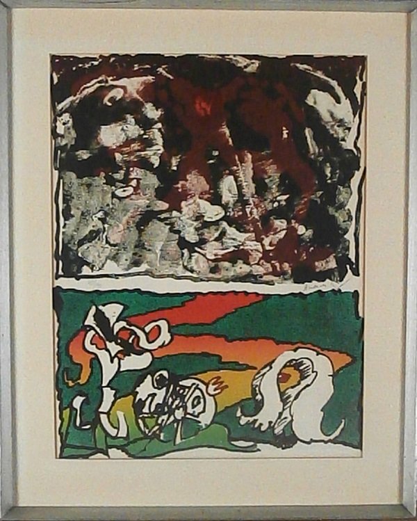 Pierre Alechinsky (b. 1927) Belgium: UNTITLED, color lithograph, signed in pencil, from the numbered edition 90, sight 21 ½ x 16 ¼”, printed by Atelier Clot, Paris, with blindstamp, framed with glass, toning at mat, a few discolorati
