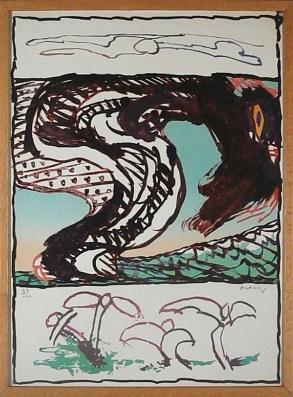 Pierre Alechinsky (b. 1927) Belgium: UNTITLED, color lithograph, signed in pencil, from the numbered edition 100, sheet 33 x 24”, framed with glass, small ding and hairline scratch lower arrive, masking tape hinges at top and bottom of