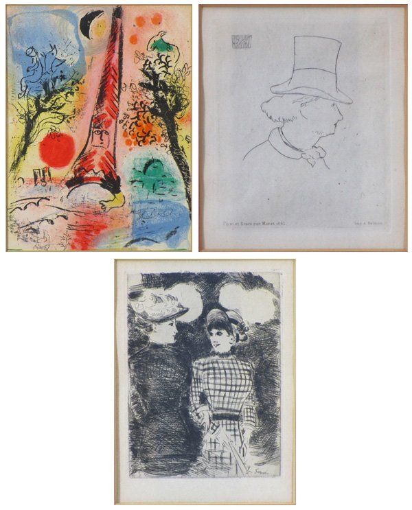 Marc Chagall (1887-1985), Edouard Manet (1832-1883) &: Marc Chagall, VISION OF PARIS (Mourlot 287), 1960, color lithograph as published in Chagall Lithograph Vol. I, sheet 12 ½ x 9 ½”, pale toning, masking tape hinges on upper and lower sheet edges ve