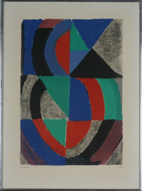 Sonia Delaunay & Abraham Hankins (three): Sonia Delaunay, UNTITLED, color lithograph, signed on the stone, image 21 ½ x 15”, full margins, printed at Mourlot, published by Lahumiere, printer’s crease lower margin, otherwise in apparently