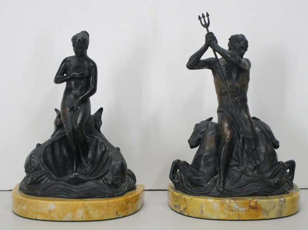 Gleb Derujinsky (1888-1975) Russian/ New York: VENUS & NEPTUNE, 1922, a pair of cast bronze sculptures with dark patina, each signed and dated, each stamped RBW, sizes 7 1/8” & 7 ¾”, both mounted to a ¾” tall half-round marble base, some w