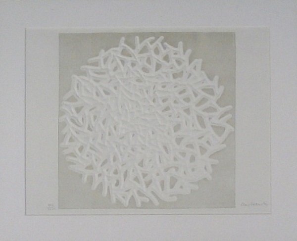 Claire Falkenstein (1908-1997) American: UNTITLED, intaglio etching, signed in pencil, from the Roman numeral edition 28, image 18 x 18 ¼”, full margins, framed, creases mainly in margins, otherwise in apparently good condition.