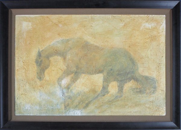 Jim Fallier (b. 1930) American: HORSE (Yellow), 1960, pigment and plaster on wood, signed and dated lower right, sight 23 ¾ x 35 ½”, framed, in good studio condition.