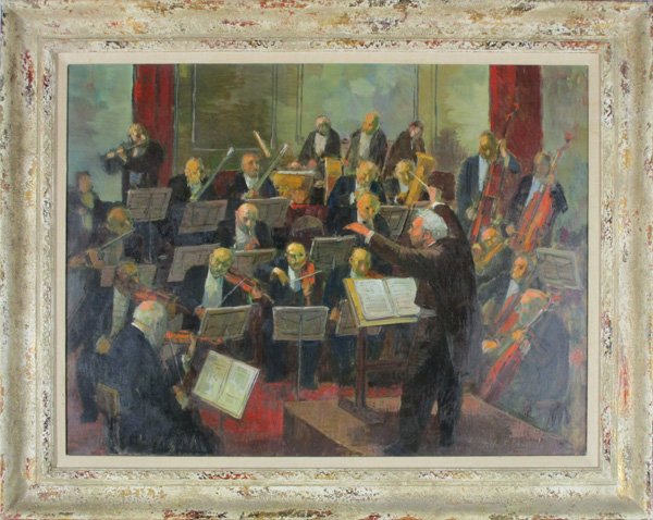 Tully Filmus (1903-1998) New York: CONDUCTING THE ORCHESTRA, oil painting on canvas, signed lower right, 30 ½ x 40 ½”, framed, in good studio condition.