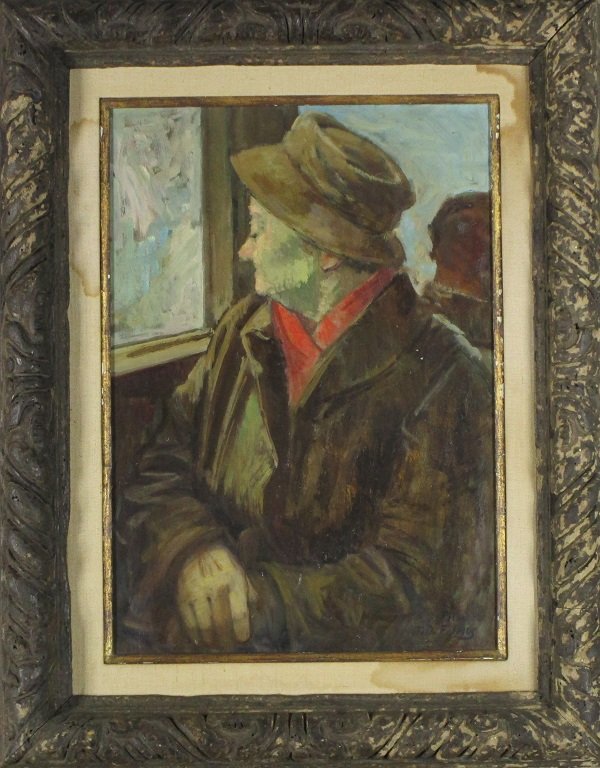 Tully Filmus (1903-1998) New York: LOOKING OUT A TRAIN WINDOW, oil painting on canvas, signed lower right, 20 x 14”, framed, two small chips on left shoulder, hairline cracks, minor surface soiling, otherwise in good studio condition