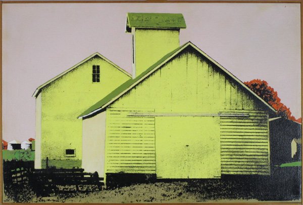 Harold Gregor (b. 1929) American: WILNOT’S CORN CRIB Series No. 1, acrylic and silkscreen on canvas, 24 x 36”, signed lower left, framed, some minor surface soiling, natural thin stress cracks at edges, otherwise in good studio co