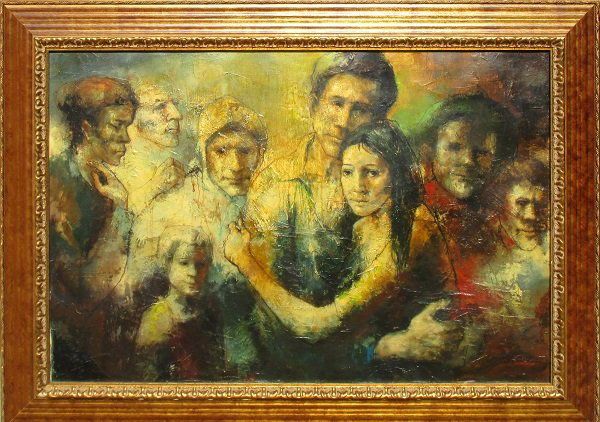 attributed to Jean Jansem (1920-2013) French Armenian: FAMILY GATHERING, oil painting on canvas, 24 x 36”, signed lower right, framed, some hairline cracks and surface soiling, otherwise in good studio condition.