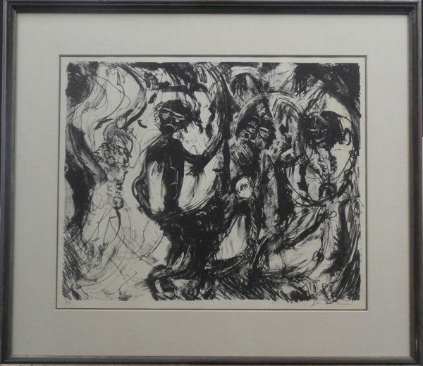 Jun Kaneko (b. 1942) Japanese: FOUR FIGURES, c.1960, lithograph, signed in pencil, from the numbered edition of 15, image 15 x 18 ½”, framed with glass, discoloration and some small spots, small unobtrusive skin mark lower left,