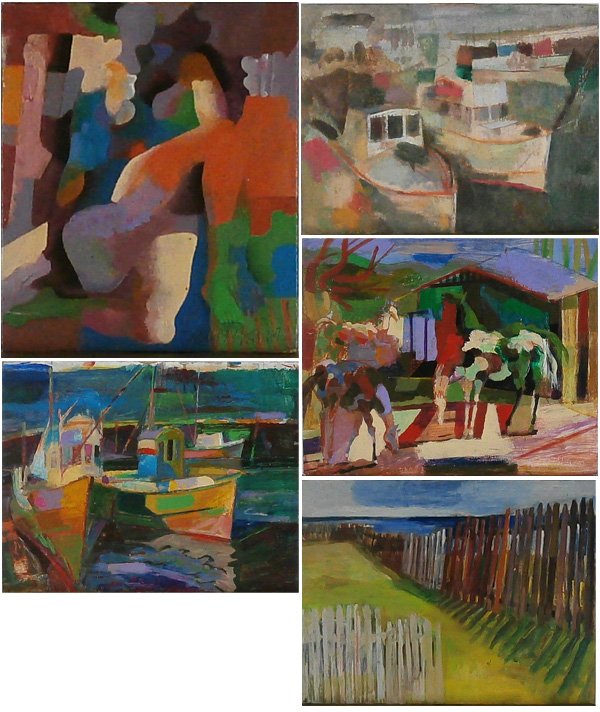 Harold Kramer (1912-1995) Californian (five): VARIOUS SUBJECTS, five paintings of oil or alkyd or acrylic, two on Masonite, two on canvas over Masonite or wood panel, one on card, four signed, sizes from 18 x 24” to 12 ¼ x 10 ½”, mild surfa