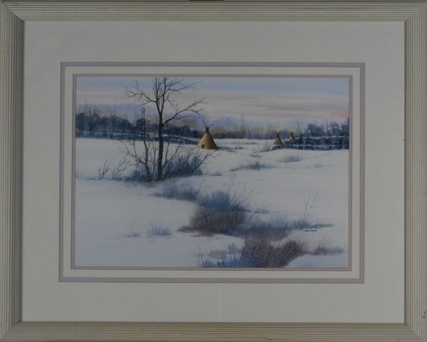 Glenn Scott Kuhnly (1939-2012) California: WINTER ENCAMZPENT, watercolor, signed lower right, sight 13 ½ x 19 ½”, framed with glass, in apparently good studio condition.