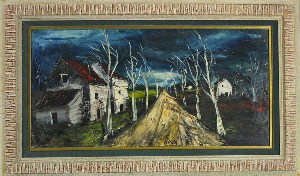 Charles Levier (1920-2003) French: STORMY EVENING, oil painting on canvas, signed lower center, 15 x 30”, framed, contraction craquelure and hairline cracks, otherwise in good studio condition.