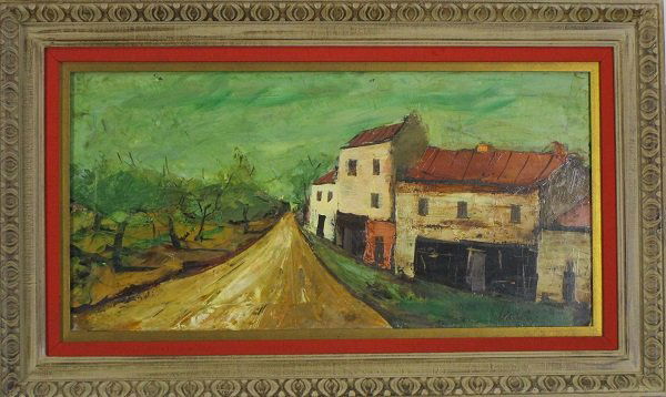 Charles Levier (1920-2003) French: QUIET ROAD, oil painting on canvas, signed lower right, 15 x 30”, with a painting of a Blue Nude Woman on verso, framed, surface soiling, a few small scuffs or possible chips on recto, Nude on verso