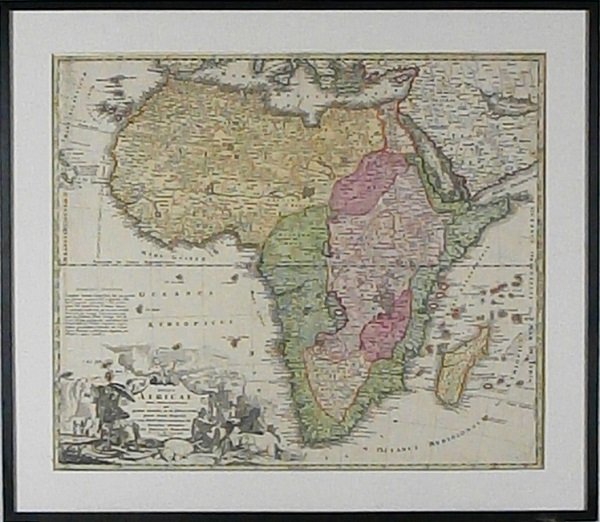 Antique Map: TOTIUS AFRICAE, c.1715, hand colored engraving by Johan Baptiste Homann, published by R & J Ottens in Atlas Maior, Amsterdam, c.1740, sight 19 ¼ x 22 ¼”, framed with glass, creases at left sheet e