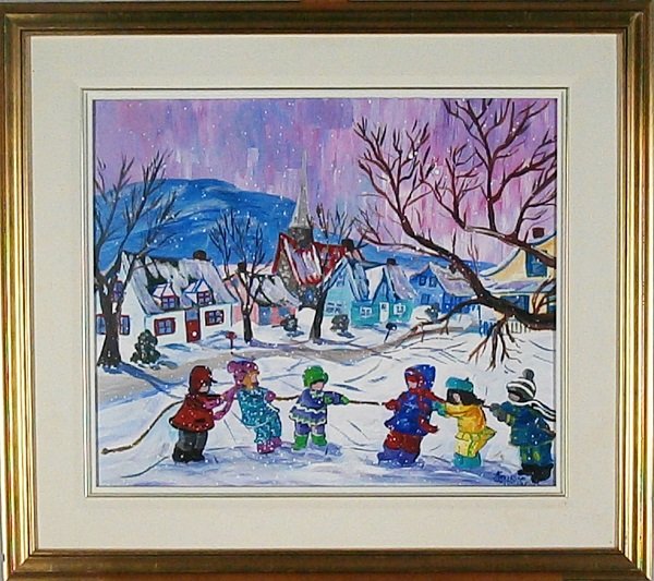 Katerina Mertikas (20th/ 21st Century) Canadian: TUG OF WAR IN WINTER, 1991, acrylic painting on Masonite, signed lower right, dedicated on verso, 19 ¾ x 24”, framed, in good studio condition. Provenance: Maison D’Art, St. Laurent, Quebec.