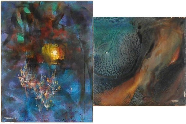 Leonardo Nierman (b. 1932) Mexican (two): UNTITLED, two oil paintings on Masonite, both signed, the first signed and dated 1964 lower left, the second titled Genesis on verso, 31 ¾ x 13 ¾”, with chips and soiling, 15 ½ x 16 ½”, with g