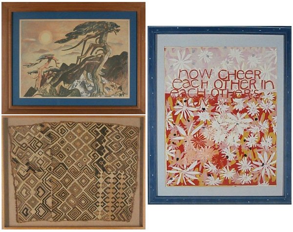 Millard Sheets, Sister Corita Kent & Kuba Cloth (three): Millard Sheets, MOUNTAIN, color screenprint, signature in the design, image 14 x 19 ¾”, full margins, colors possibly diminished, mild toning, otherwise in apparently good condition; Together with