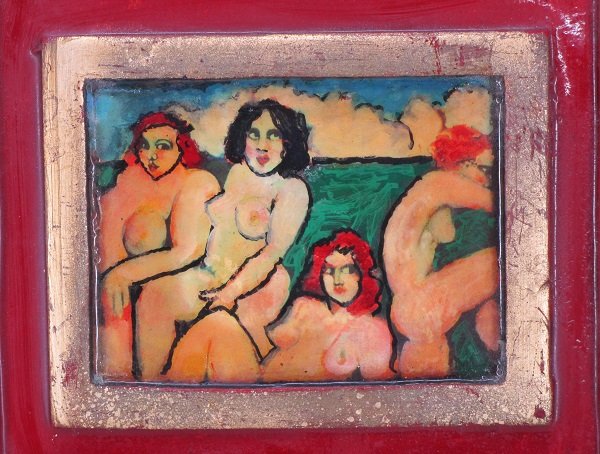 Dan Shupe (20th Century) Colorado: BATHING BEAUTIES, mixed media on wood, signed on verso, 15 ¾ x 11 x 1”, some surface scuffs, minor surface wear, otherwise in good studio condition.