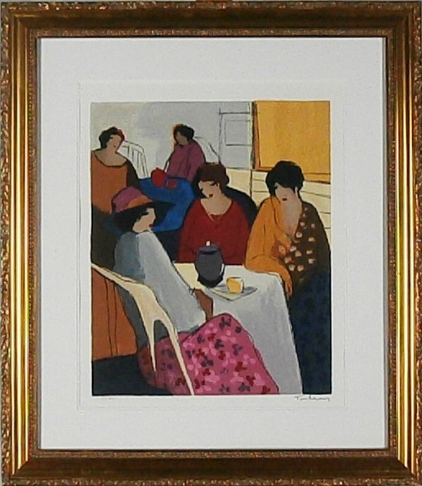 Itzchak Tarkay (b. 1935) Israeli: FIVE WOMEN DINING, color screenprint, signed in pencil, from the numbered edition 300, image 20 ¼ x 16 ¾”, blindstamp lower left, full margins, framed with glass, in apparently good condition.