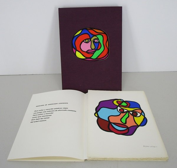 Pedro Uhart (b. 1938) Chilean/ French: MASCARA DE ANGEL, 1980, loose leaf book with eight color screenprints and text, each print signed in pencil, from the numbered edition 80, published Boren-Editeur, Paris, in cloth covered case, in lik