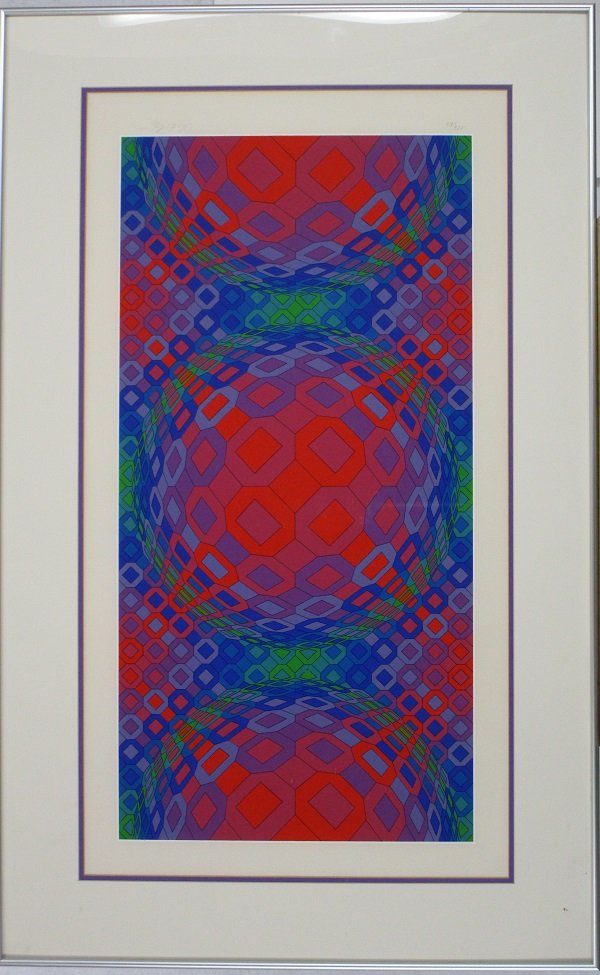 Victor Vasarely (1906-1997) Hungarian: UNTITLED, color screenprint, signed in pencil, from the numbered edition 250, image 32 ¼ x 16 ¼”, full margins, framed, pale toning in the margins, otherwise in apparently good condition.