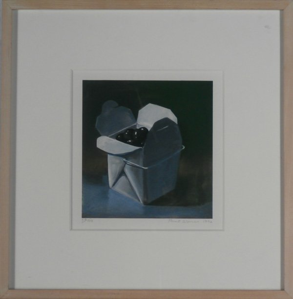 Paul Wonner (1920-2008) Californian: BOX OF OLIVES, color lithograph, signed in pencil, from the numbered edition 100, image 8 ½ x 8”, full margins, framed, in apparently good condition.