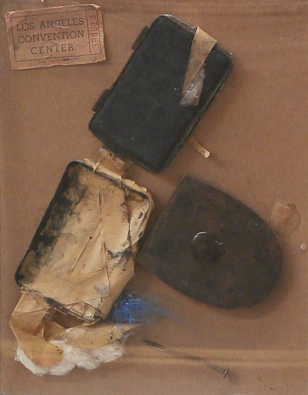 George Herms (b. 1935) American: CONVENTION CENTER, 1975, mixed media collage assemblage, signed and dated on verso, 11 x 8 ½ x ½”, in Plexiglas box frame, in apparently good studio condition.