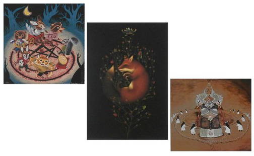 Andrew Brandou & Lindsey Carr (9) & Katy Horan (9): Andrew Brandou ANIMAL RITES, color giclee, signed in silver marker, from the numbered edition 50, sheet 12 x 12”; Lindsey Carr FOX KING, nine of the same, each a color giclee, signed in pencil, seve