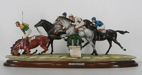 Mariani for Capodimonte porcelain: THE STEEPLE CHASE, large painted porcelain sculpture, signed, from the numbered edition 500, with wood mount 12 ½ x 33 ½ x 11”, with possible professional repair to rear horses tail upon very clos
