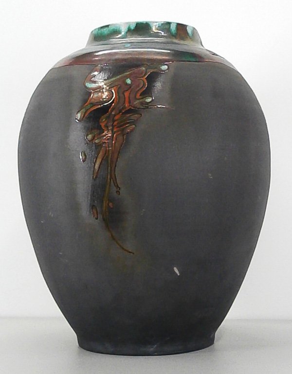 Tony Evans (20th Century) American: Large Raku vessel, signed underneath, 19” tall, 15” diameter, comes with certificate from artist, a few minor surface scuffs, otherwise in good studio condition.
