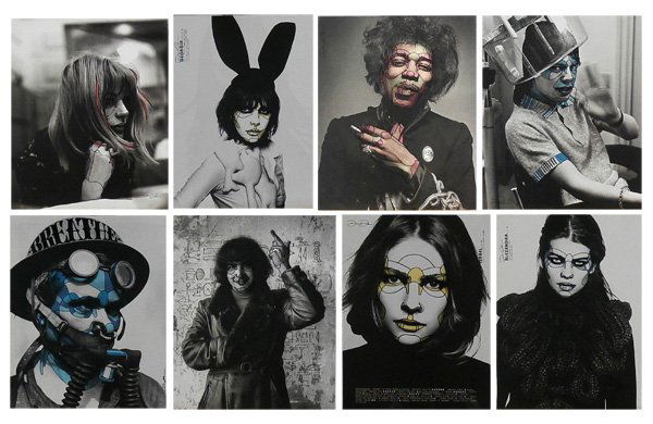 David Flores (b. 1972) Californian (eight): IMAGES OF ROCK-N-ROLL, eight ink and acrylic paintings on magazine pages, each signed, sizes from 11 x 9” to 11 ¾” 9 ¾”, all in good studio condition. (8)