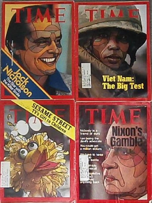 David Flores (b. 1972) Californian (four): REVISITING TIME, four acrylic paintings on old Time magazines, each signed, each 11 x 8”, all in good studio condition. (4)