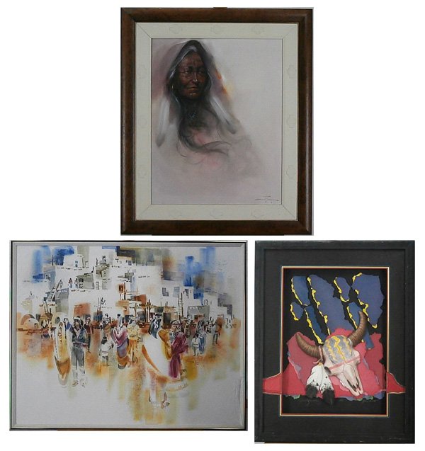 Ozz Franca & Robert Gray & John Running (three): Ozz Franca THE MEDICINE MAN, 1989, oil painting on canvas, signed lower right, signed dated and titled on verso, 30 x 24”, framed; Together with Robert Gray EL PUEBLO, 1984, watercolor on paper, sig