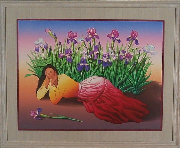 R. C. Gorman (1931-2005) Native American: WOMAN AND IRISES, 1991, color lithograph, signed in pencil, from the numbered edition 225, sheet 27 x 36”, framed, soft crease lower left corner, otherwise in apparently good condition.