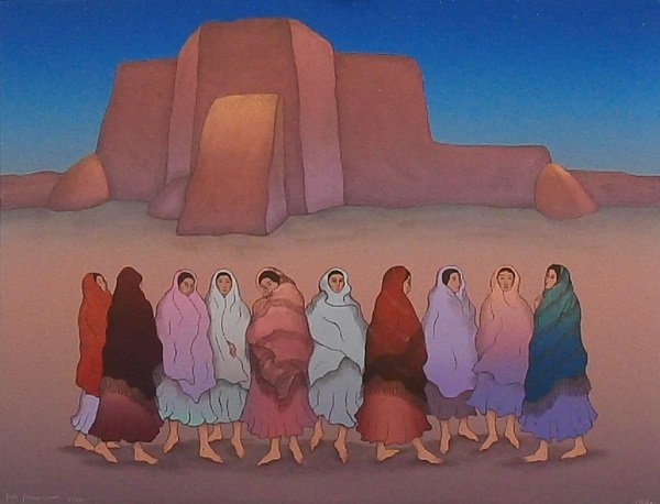 R. C. Gorman (1931-2005) Native American: RANCHOS TWILIGHT (A&N pg.218), 1988, color lithograph, signed in pencil, from the numbered edition 220, sheet 32 x 42”, small dimple impression on verso lower right corner, otherwise in good conditi