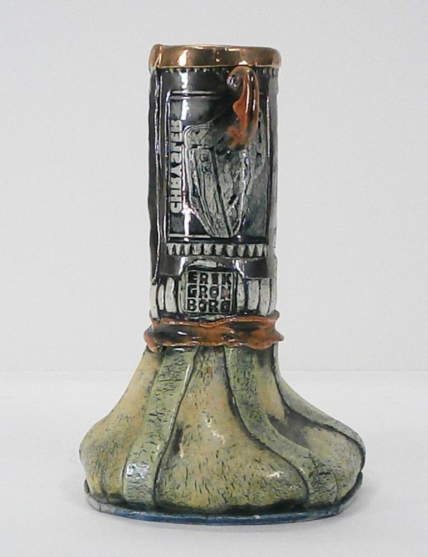 Erik Gronborg (b. 1931) California: VESSELL, painted and incised ceramic, signed, 9 ¼” tall, lacking one handle, otherwise in good studio condition. Provenance: acquired directly from artist by previous owner.