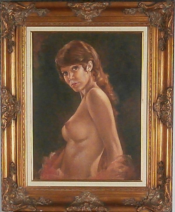 Leo Jansen (1930-1980) American: BRUNETTE NUDE, oil painting on canvas, signed lower right, stamped twice (once with thumb print) on verso, 24 x 18”, framed, in good studio condition.