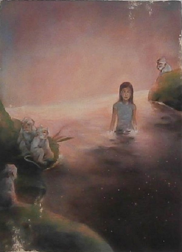 Tessar Lo (20th/ 21st Century) Indonesian/ American: GIRL WITH FOUR MONKEYS, 2008, acrylic painting on paper, signed and dated lower right, 39 ½ x 29 ½”, mounted to foamcore, in good studio condition.