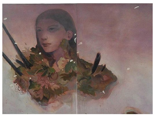 Tessar Lo (20th/ 21st Century) Indonesian/ American: GIRL WITH FLOWERS, 2009, diptych, an acrylic painting on paper with collage, each 44 x 30”, overall 44 x 60”, each sheet mounted to foamcore, in good studio condition.