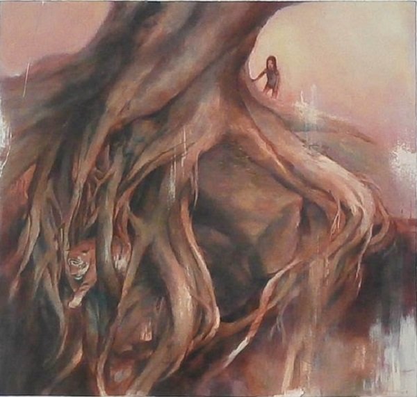 Tessar Lo (20th/ 21st Century) Indonesian/ American: GIRL & TIGER AT BASE OF TREE, 2008, acrylic painting on paper, signed and dated lower right, 29 ½ x 31 ½”, mounted to foamcore, in apparently good studio condition with some studio damage and repa