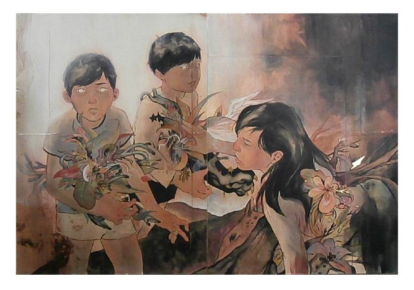 Tessar Lo (20th/ 21st Century) Indonesian/ American: IT HAPPENED SO QUICKLY, THE NEWNESS, diptych, each an acrylic painting and pastel on multiple sheets of paper mounted to wood panel, each 48 x 36”, overall 48 x 72”, some tears and pealing to the 