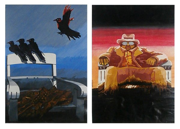Jan Sawka (1946-2012) Polish/ American (two): BIRDS ON CHAIR; SEATED MAN, 1977, acrylic painting on paper, signed and dated lower left, sheets 41 x 28 ½”, Birds have scuffs mainly in lower center, Birds with small scrape upper sheet edge, cock