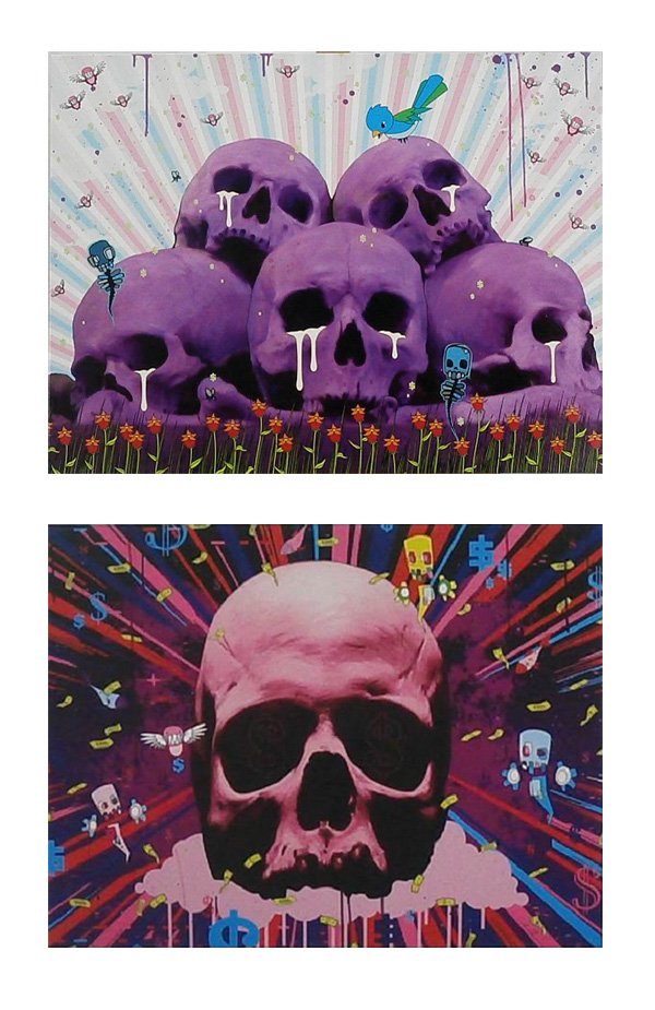 Mike Shinoda (b. 1977) Californian (of Linkin Park): PURPLE SKULLS, acrylic painting over color giclee on canvas, signed on verso, 30 x 40”; DOUBLE DOLLARS, color giclee, signed in pencil, from the numbered edition of 3 artist’s proofs, image 18 x 2