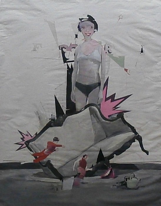 Alexandros Vasmoulakis (b. 1980) Greek: GIRL & SLIDING COUCH, acrylic painting on un-stretched canvas, 58 x 47 ½” plus margins, some storage crinkles along right edge and margin, which may be stretched out, otherwise in good studio condi