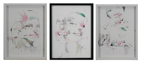Alexandros Vasmoulakis (b. 1980) Greek (three): SMILES, three acrylic paintings with watercolor and color pen and ink drawing on paper, each 19 x 14”, framed, all in good studio condition. (3)