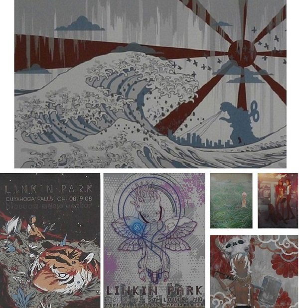 Yoskay Yamamoto (b. 1981) Japanese (twelve): JAPANESE EXPERIENCE, color screenprint, signed in pencil, from the numbered edition 25, image 19 x 30”, full margins, handling creases in the margins, otherwise in good condition; LINKIN PARK, 2008,