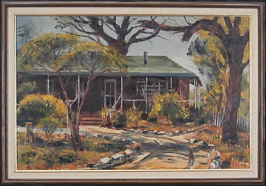 Ben Abril (1923-1995) Californian: RANCH HOUSE IN AUTUMN, oil painting on canvas, signed lower left, 20 x 30”, framed, minor surface soiling, otherwise in good studio condition.