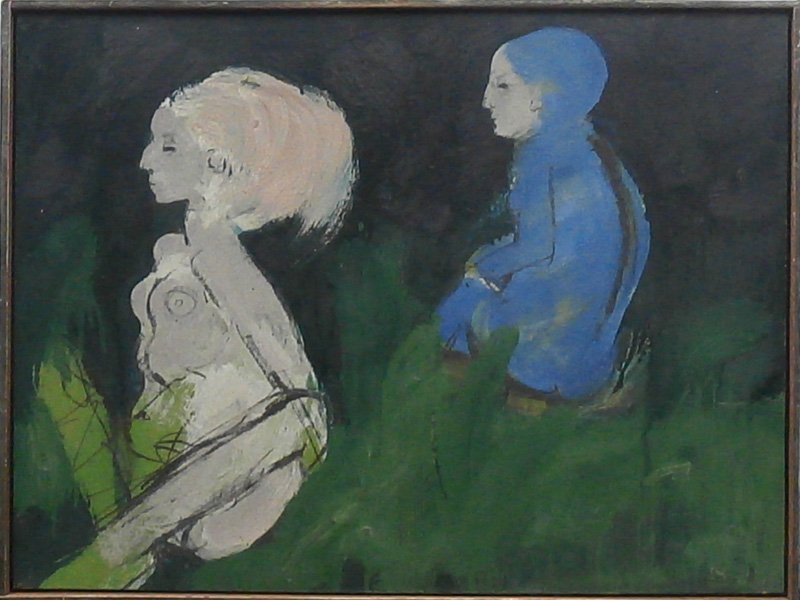 Robert Beauchamp (1923-1995) American: COUPLE, 1963, oil painting on Masonite, signed and dated lower right, 18 ¼ x 23 ½”, framed, a few scuffs, otherwise in good studio condition.